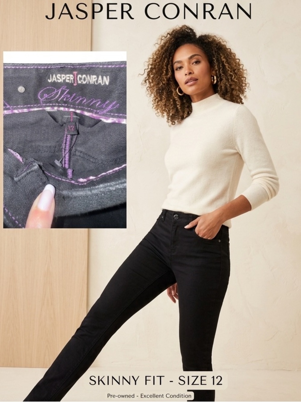 Jasper Conran Black Skinny Jeans Embellished Pockets Size 12 High Quality